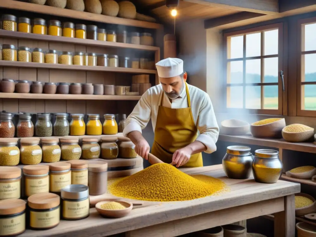 Un maestro mostacero selecciona y muele semillas de mostaza a mano en Dijon, Francia, mostrando la historia de la gastronomía francesa