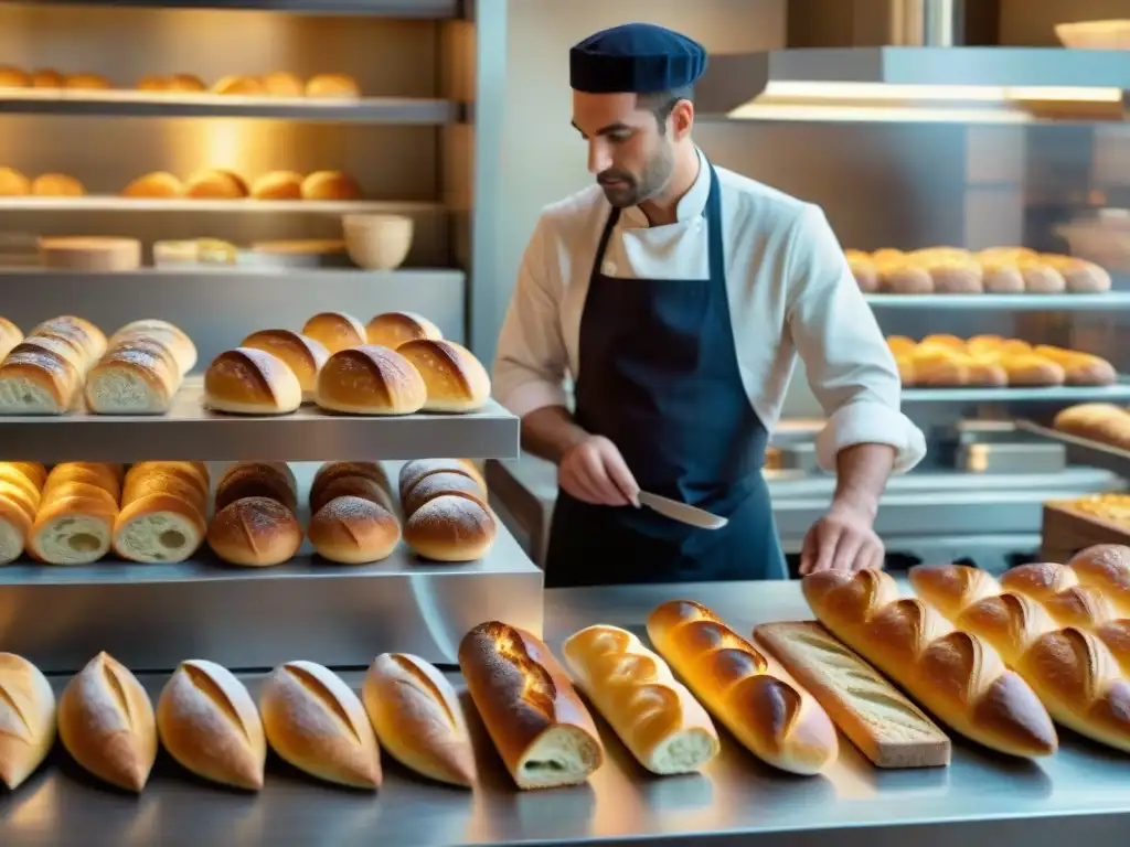 Un maestro panadero moldea una baguette en una bulliciosa boulangerie, fusionando tradición e innovación en la gastronomía francesa