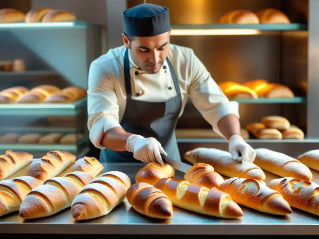 Un maestro panadero moldea una baguette dorada en una panadería francesa, con exquisitos postres en exhibición