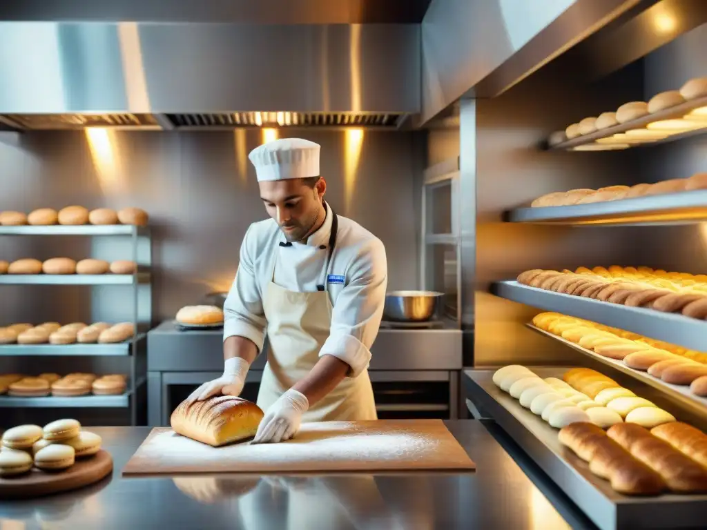 Un maestro panadero moldea una baguette dorada en una panadería francesa, rodeado de delicias recién horneadas