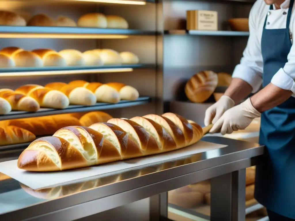 Un maestro panadero en París moldea una baguette dorada mientras otro crea croissants