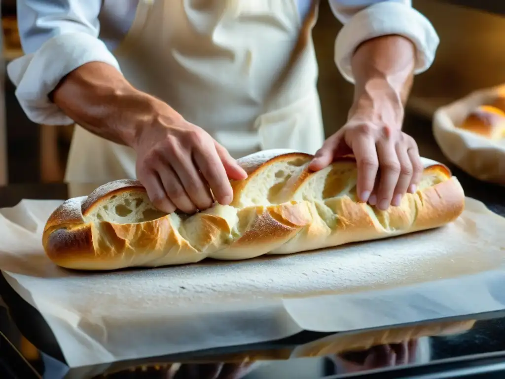 Un maestro panadero moldea una baguette francesa con precisión y arte