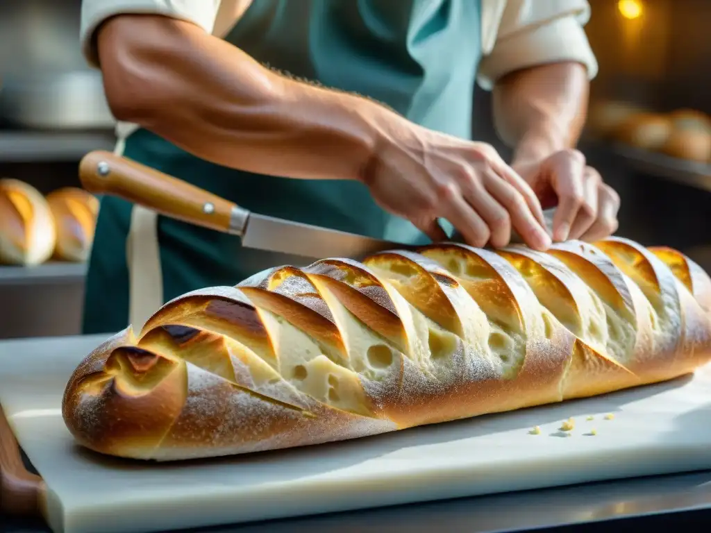 Un maestro panadero talla con precisión en una baguette recién horneada