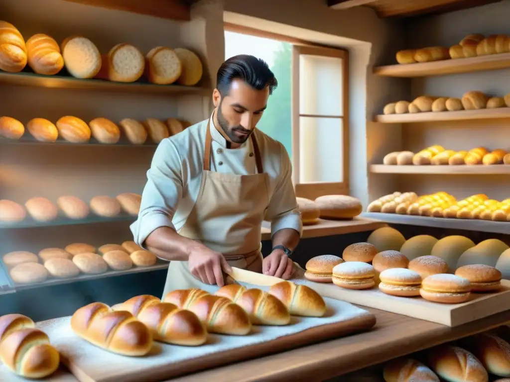 Un maestro panadero moldea una baguette en una panadería francesa de un pueblo, con estantes llenos de croissants y macarons