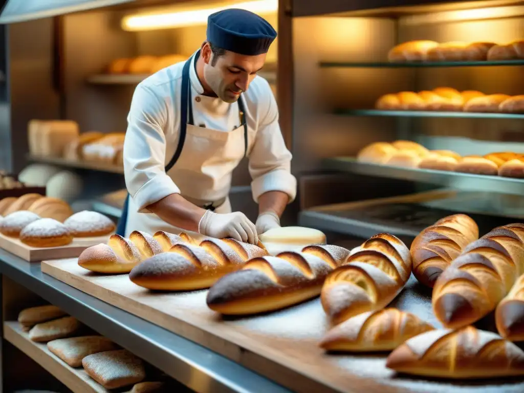 Maestro panadero moldeando una baguette en panadería francesa al amanecer