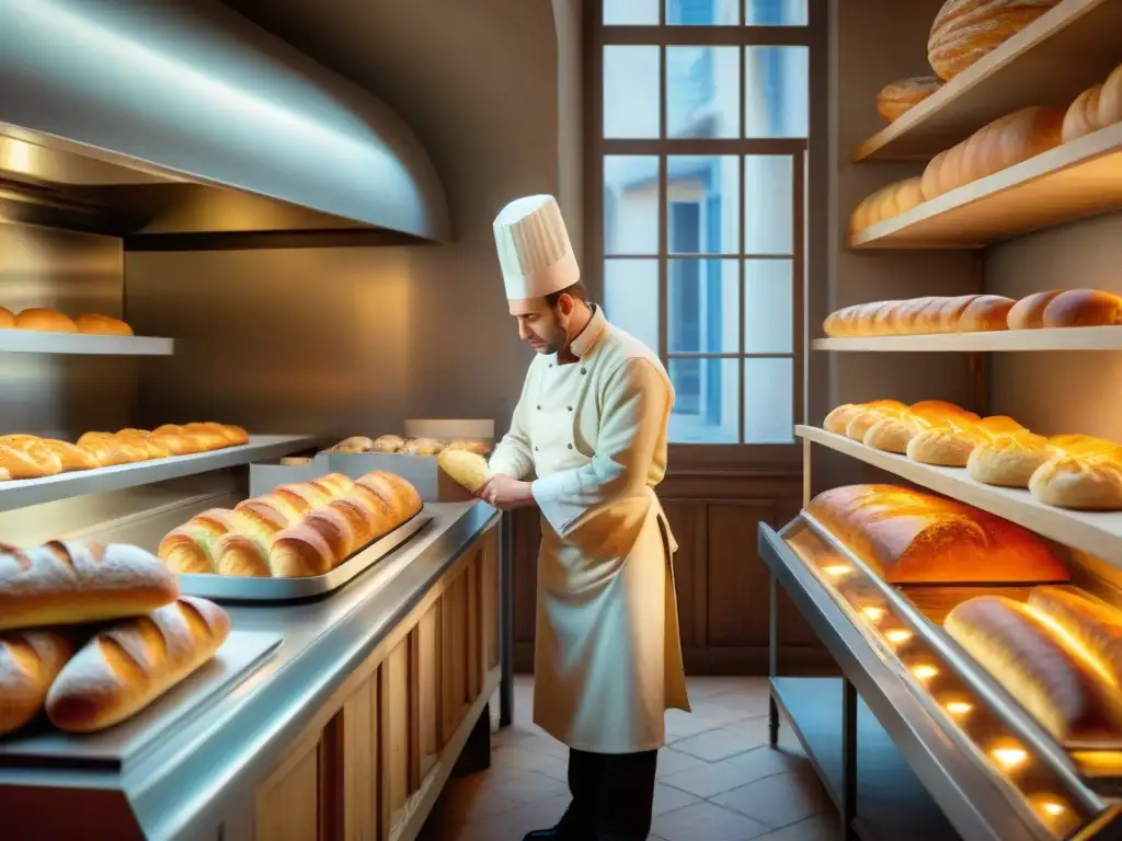 Un maestro panadero moldea una baguette perfecta en una boulangerie francesa tradicional, rodeado de panes dorados y croissants