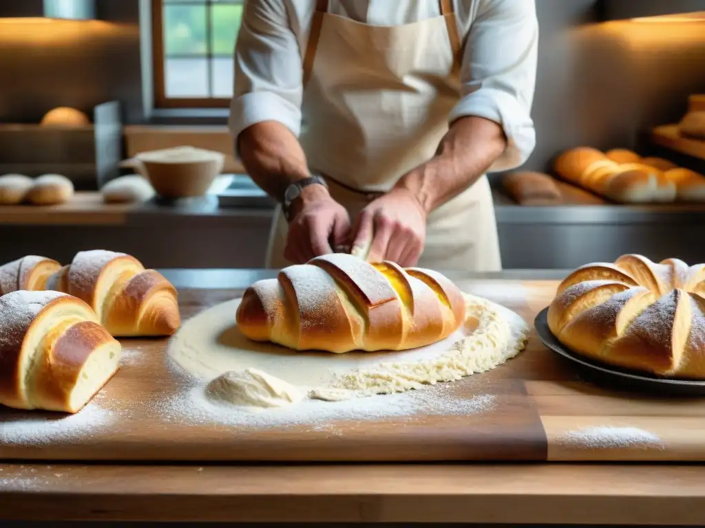 Un maestro panadero moldeando baguettes y croissants en una cocina francesa tradicional, mostrando la fermentación en la gastronomía francesa