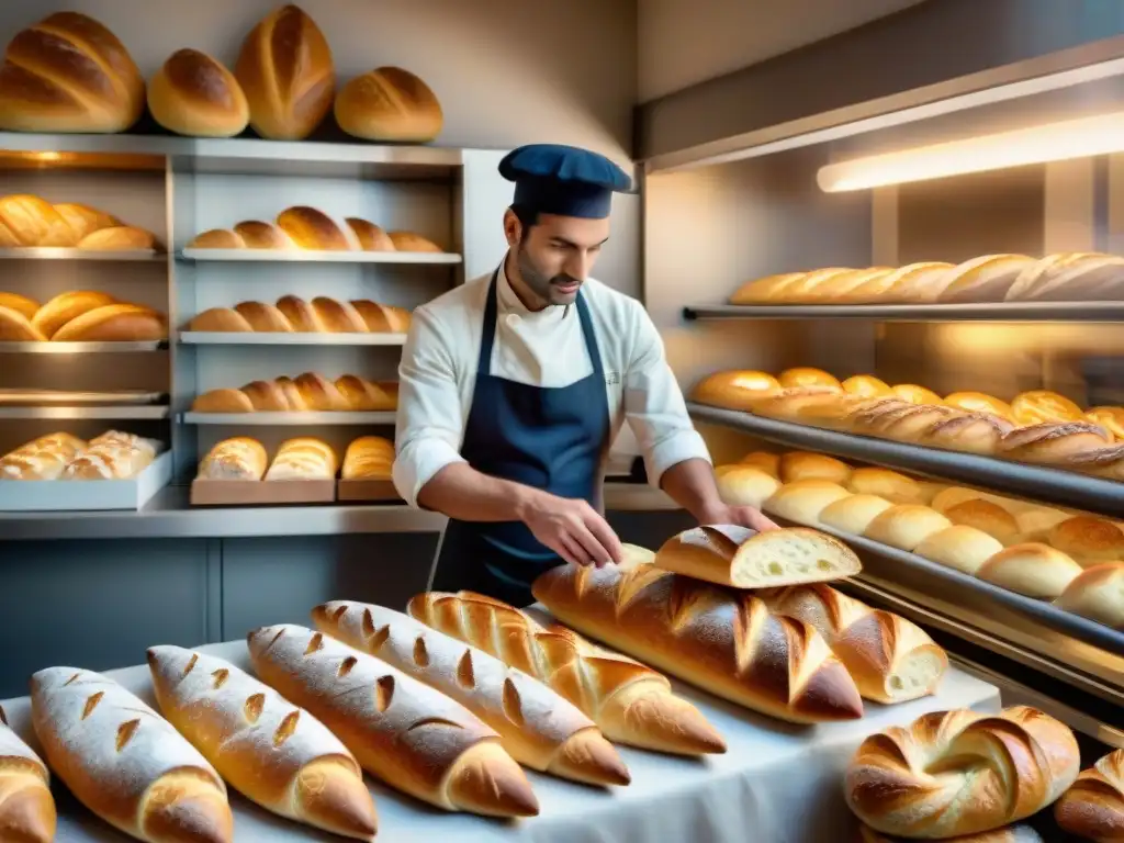 Un maestro panadero en una bulliciosa panadería francesa, rodeado de delicias recién horneadas