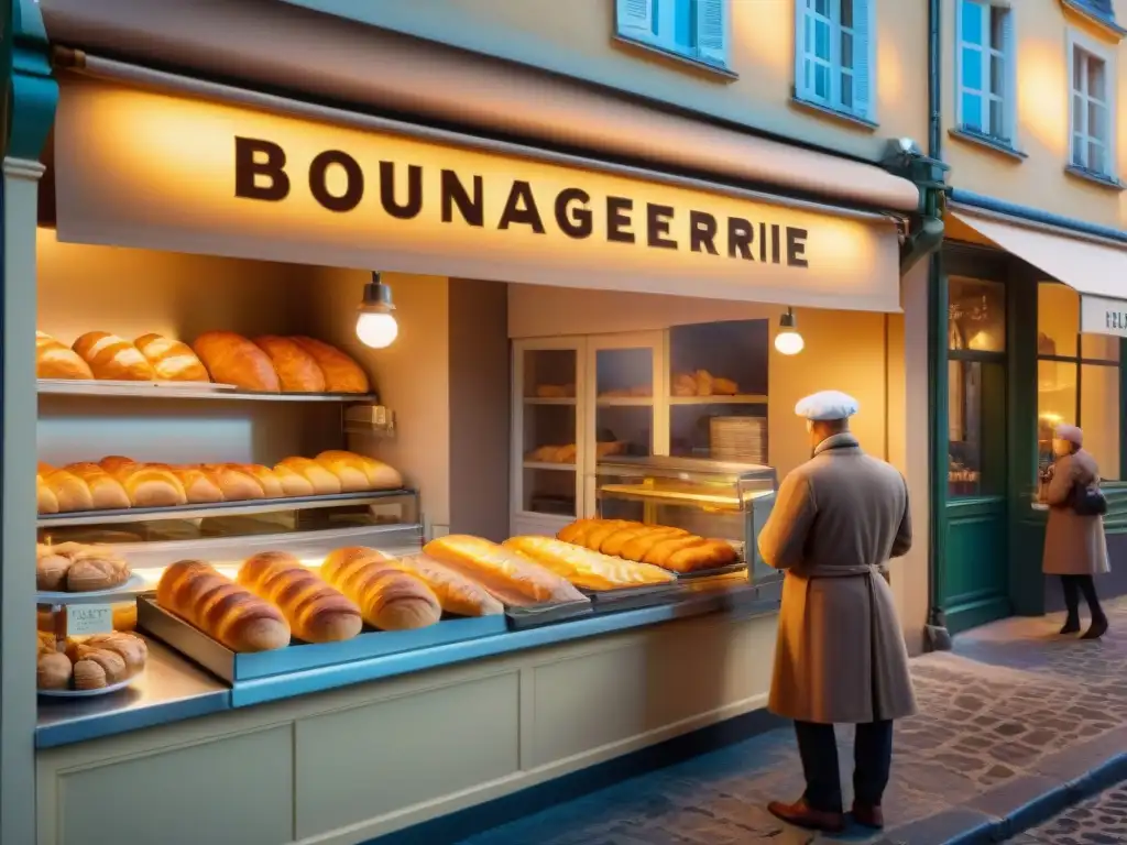 Un maestro panadero moldea un croissant en una panadería francesa al amanecer, con clientes ansiosos afuera