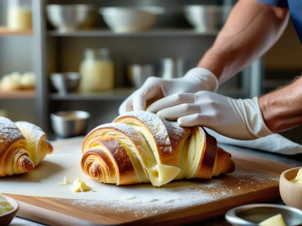 Maestría en acción: pliegues de mantequilla en masa de croissant Un maestro panadero crea un croissant perfecto, en un entorno de panadería francés