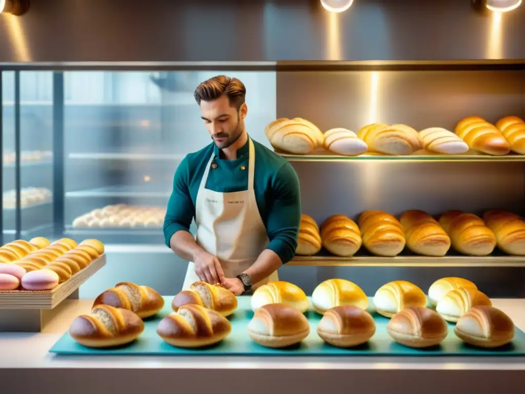 Un maestro panadero elaborando croissants en una bulliciosa panadería francesa