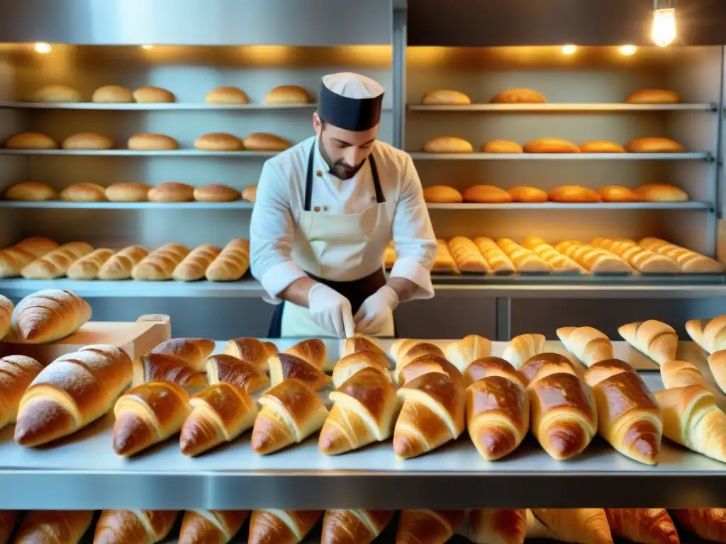 Maestro panadero crea croissants con fermentación en repostería francesa