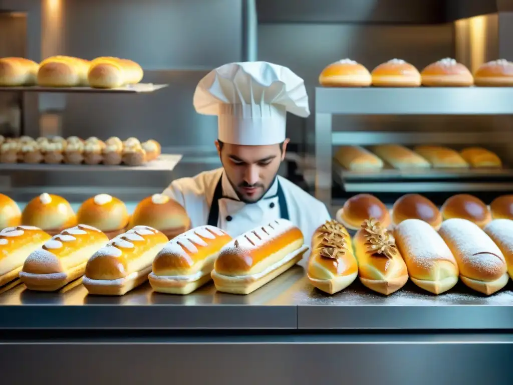 Un maestro panadero decora éclairs, con herramientas modernas panadería pastelería francesa