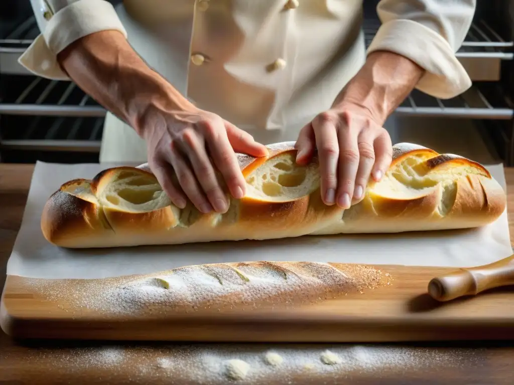 Un maestro panadero experto en baguettes, moldeando con destreza la masa, revelando los secretos para hornear baguette