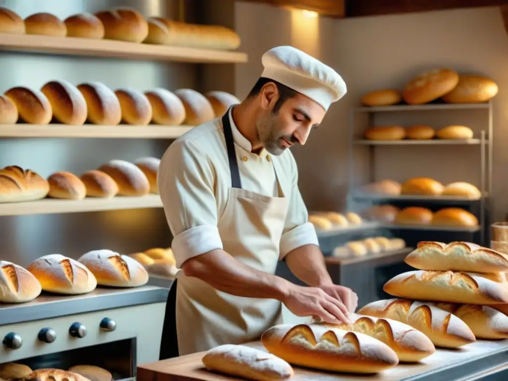 Un maestro panadero da forma a una baguette en una panadería francesa, mostrando la historia y tradición detrás del pan francés