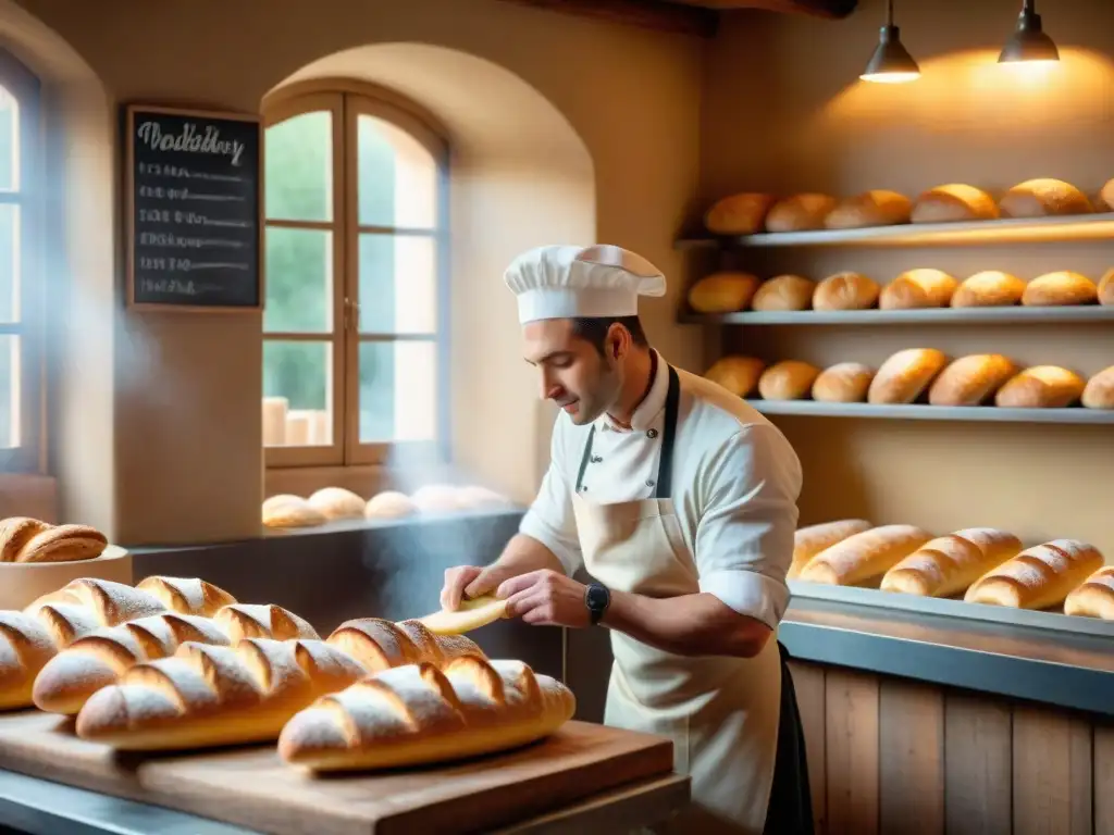 Un maestro panadero da forma a baguettes en una panadería francesa tradicional