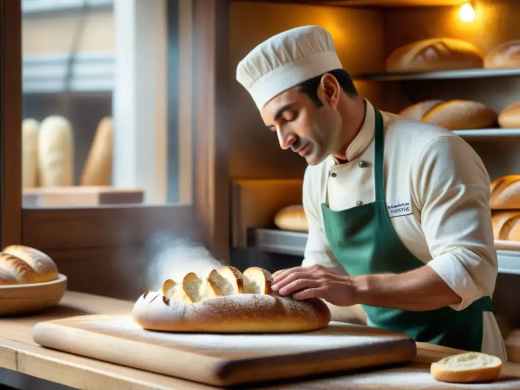 Un maestro panadero francés amasa con maestría una baguette perfecta