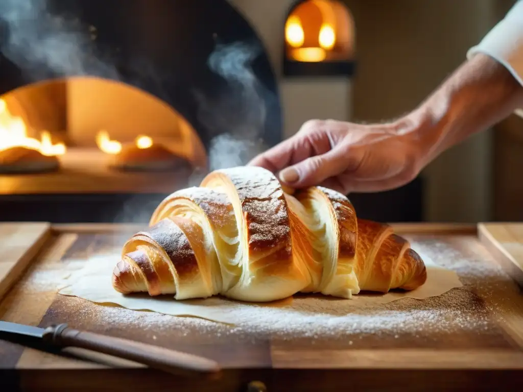 Un maestro panadero francés moldea un croissant con destreza en un taller de panadería francesa