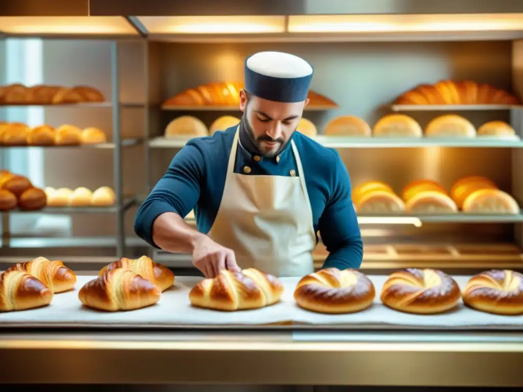 Un maestro panadero francés moldeando un croissant a mano en una panadería rústica, con un ambiente artesanal y tradicional