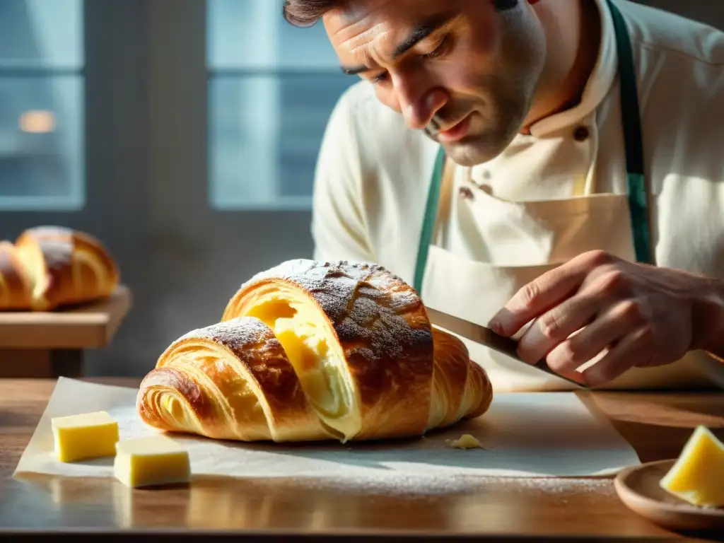 Un maestro panadero francés creando croissants con destreza y arte en su panadería