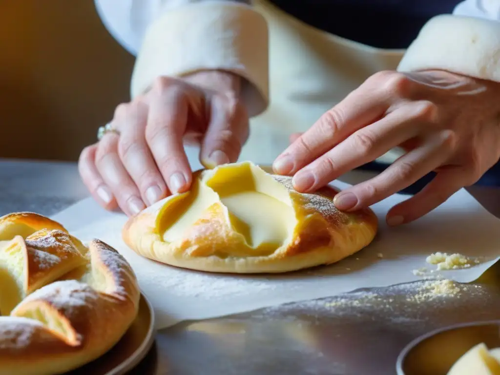 Un maestro panadero francés crea con destreza una masa hojaldrada con mantequilla fermentada, resaltando la meticulosidad de la receta francesa