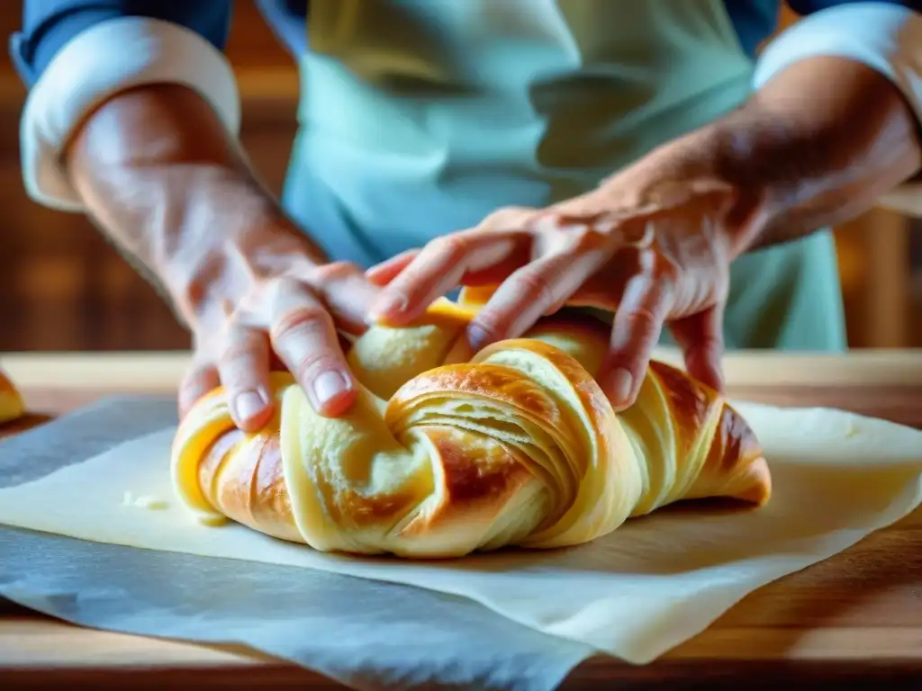 Un maestro panadero francés moldeando con destreza la masa de croissant, creando capas con precisión en una escena hipnótica de arte culinario