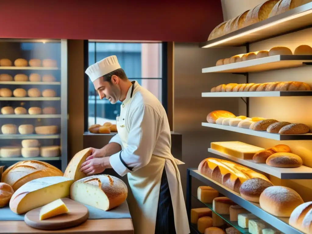 Un maestro panadero francés selecciona con esmero la baguette perfecta para maridajes innovadores en una panadería parisina llena de delicias