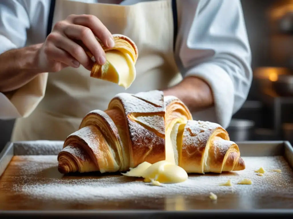 Un maestro panadero francés experto en técnicas avanzadas crea el croissant perfecto con precisión y arte