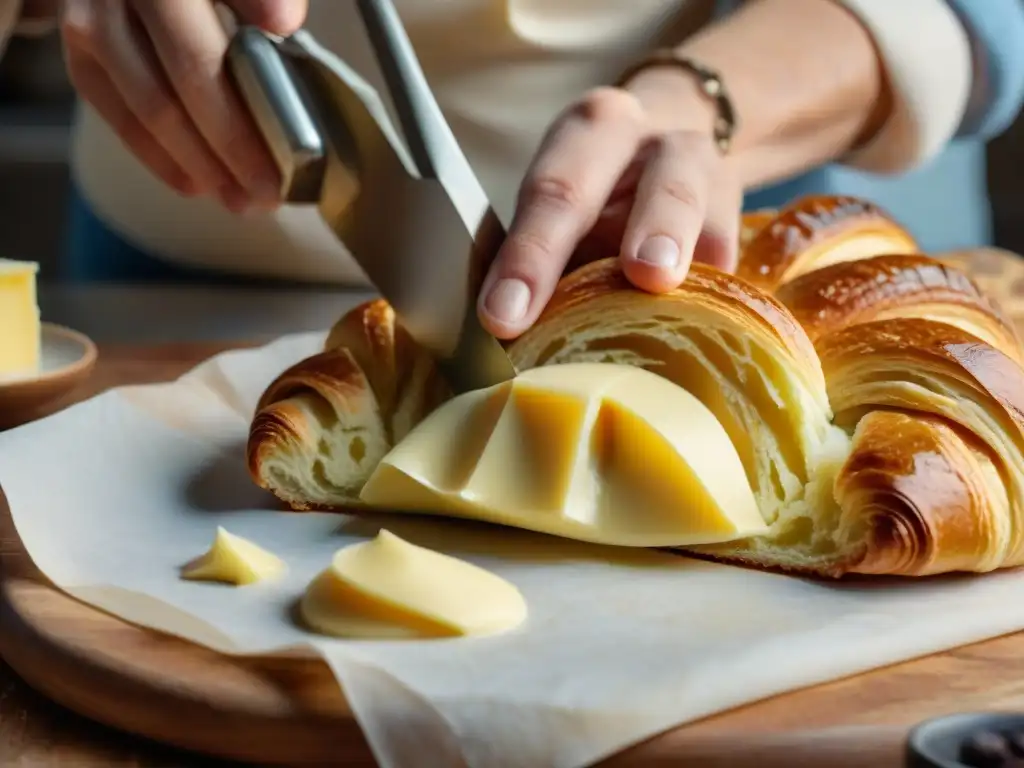 Un maestro panadero francés experto en la elaboración de croissants, demostrando la meticulosidad de las recetas tradicionales panadería francesa