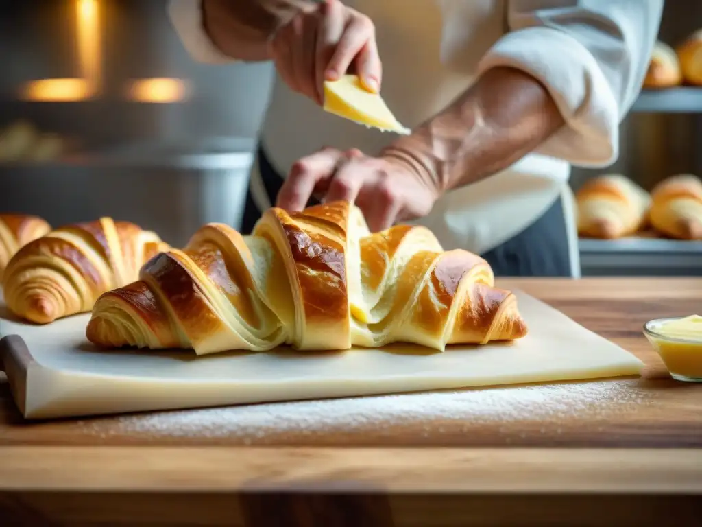 Maestro panadero francés elaborando croissants artesanales Un maestro panadero francés elaborando a mano un croissant perfecto en una panadería rústica