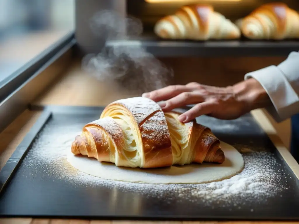 Un maestro panadero francés moldeando la masa de croissants, con destreza y tradición en una panadería iluminada por la mañana