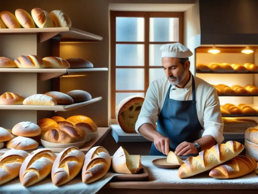 Un maestro panadero moldea una hogaza de pan francés en una panadería tradicional