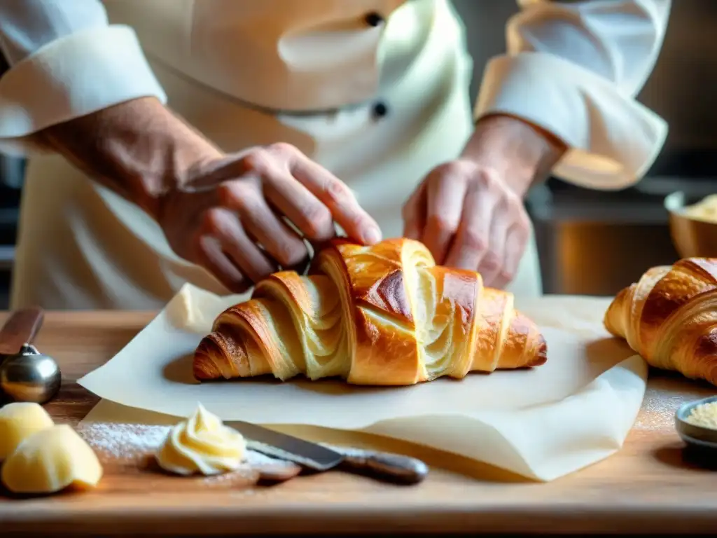 Un maestro panadero moldea a mano un croissant delicado, mostrando capas de masa y mantequilla, en curso online panadería francesa innovadora