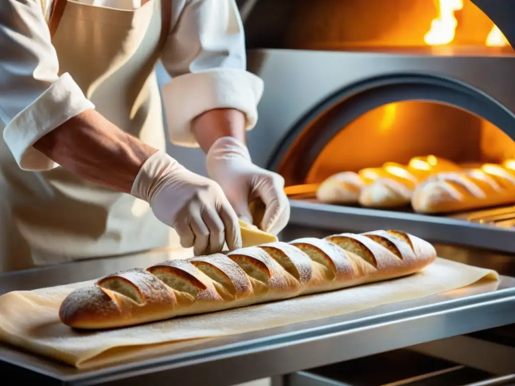 Un maestro panadero moldea la masa de una baguette, revelando los secretos para hornear baguette en una panadería francesa tradicional