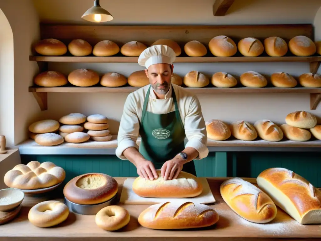 Un maestro panadero moldeando pan Campagne en una acogedora panadería francesa rural, iluminada por el cálido sol matutino