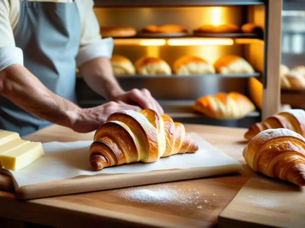 Arte del croissant: maestro panadero francés en acción Un maestro panadero en una panadería francesa tradicional, creando croissants perfectos