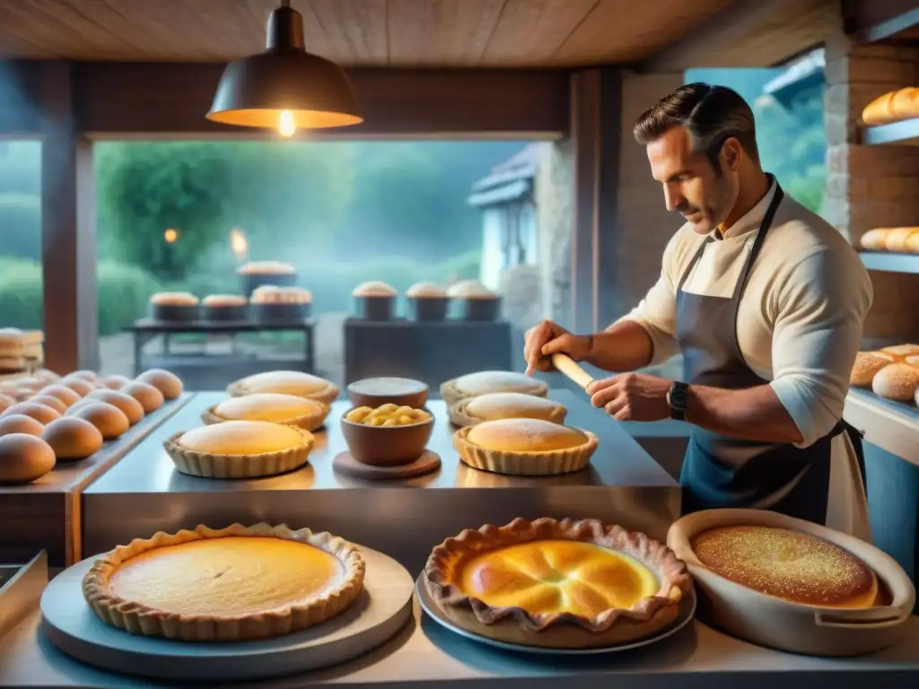 Un maestro panadero elabora una Quiche Lorraine dorada en una panadería tradicional francesa en Lorena, mostrando la historia de la gastronomía global