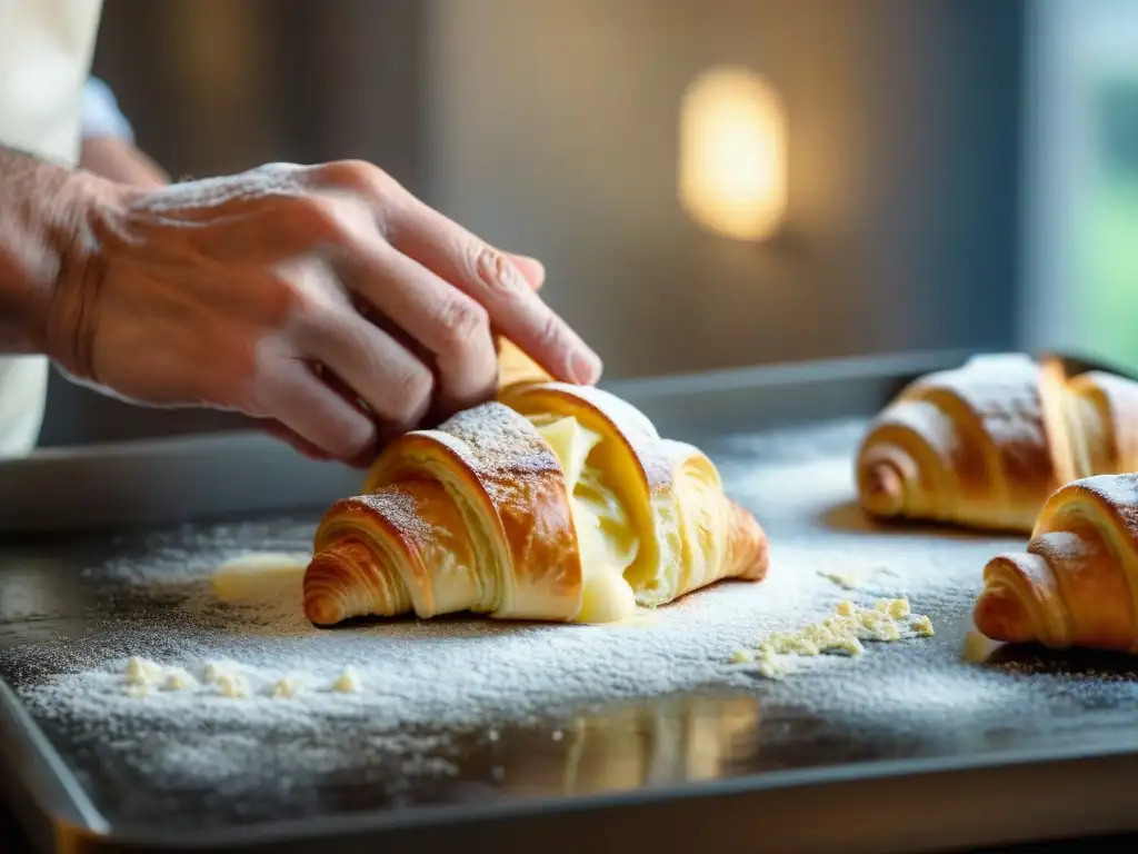 El maestro panadero crea sabores innovadores en croissants franceses, plegando cuidadosamente capas de mantequilla en la masa de hojaldre