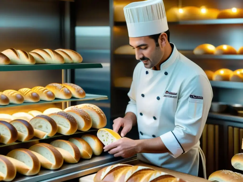 Un maestro panadero en Francia realiza tallado artístico en pan francés con destreza y precisión en una panadería rústica