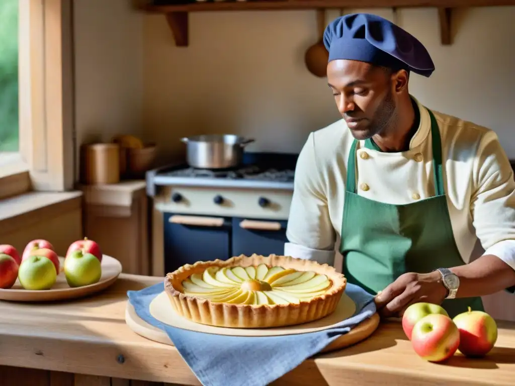 Un maestro panadero elabora una Tarte Normande con precisión en una cocina rústica francesa, destacando la receta de manzanas y Calvados