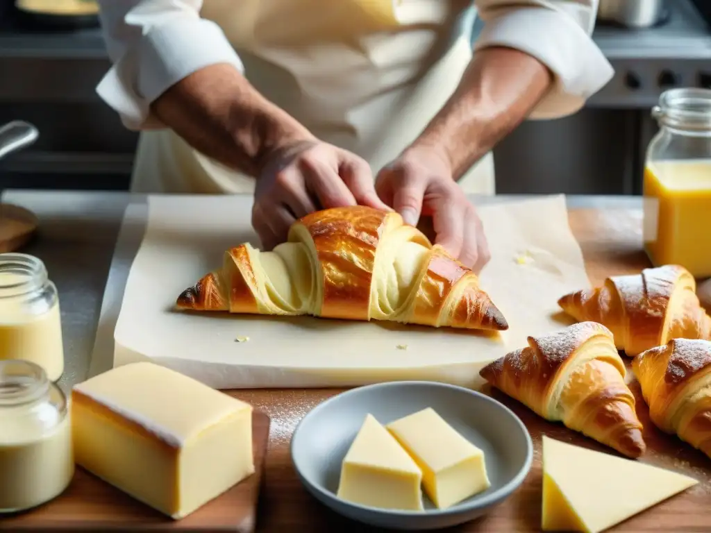 Un maestro panadero realiza técnicas avanzadas para un croissant perfecto