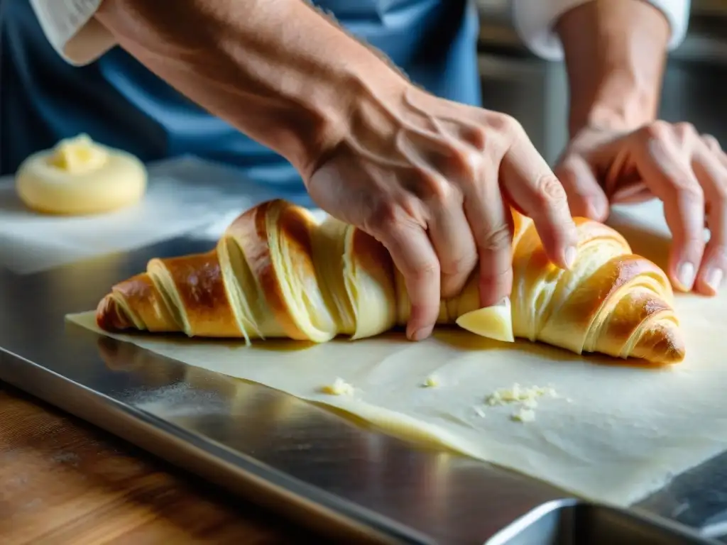 Un maestro panadero ejecuta técnicas avanzadas para crear un croissant perfecto, mostrando precisión y arte en cada paso