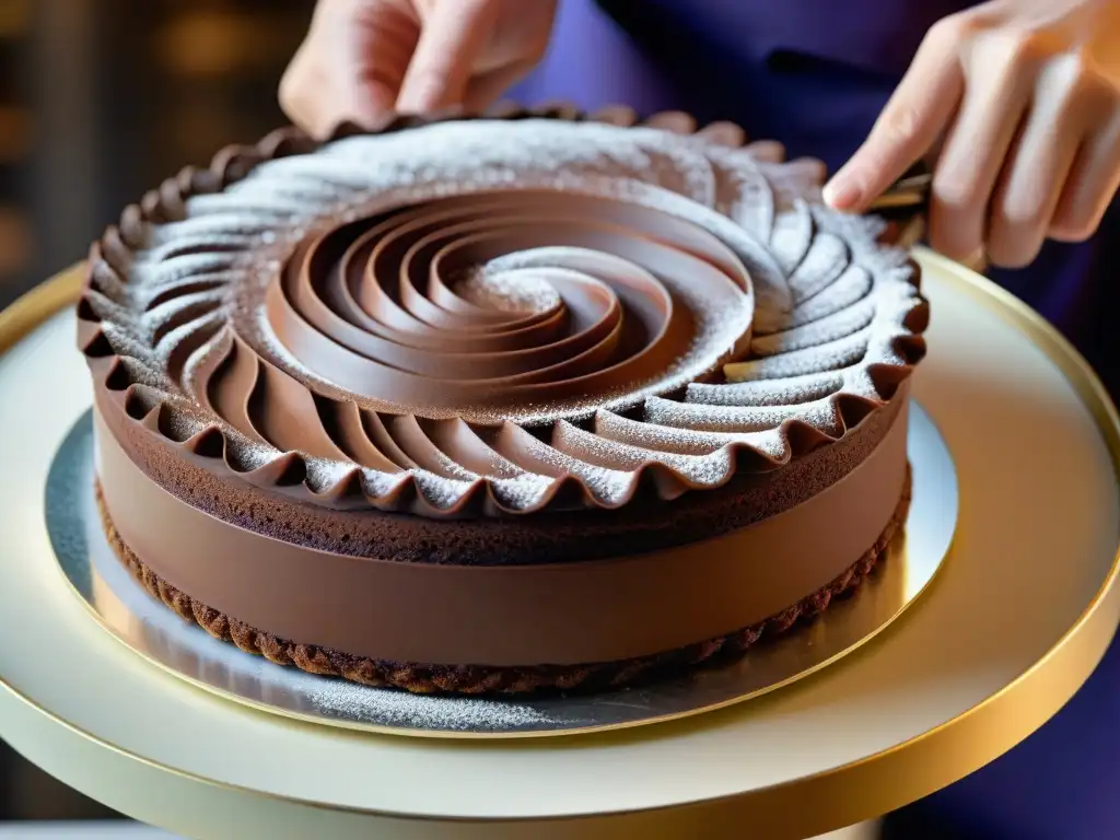 Un maestro pastelero crea con precisión y arte un Gateau SaintHonoré borgoñón con chocolate