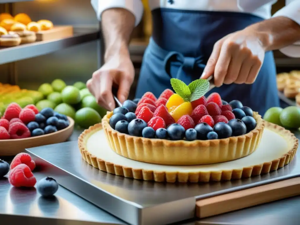 Un maestro pastelero en una bulliciosa panadería francesa crea una obra maestra de tarta de frutas