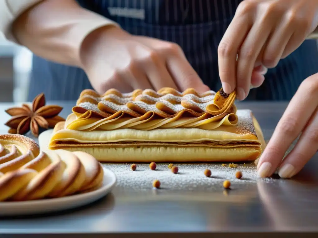 Un maestro pastelero espolvorea canela, nuez moscada y cardamomo sobre un millefeuille francés en una bulliciosa pastelería parisina