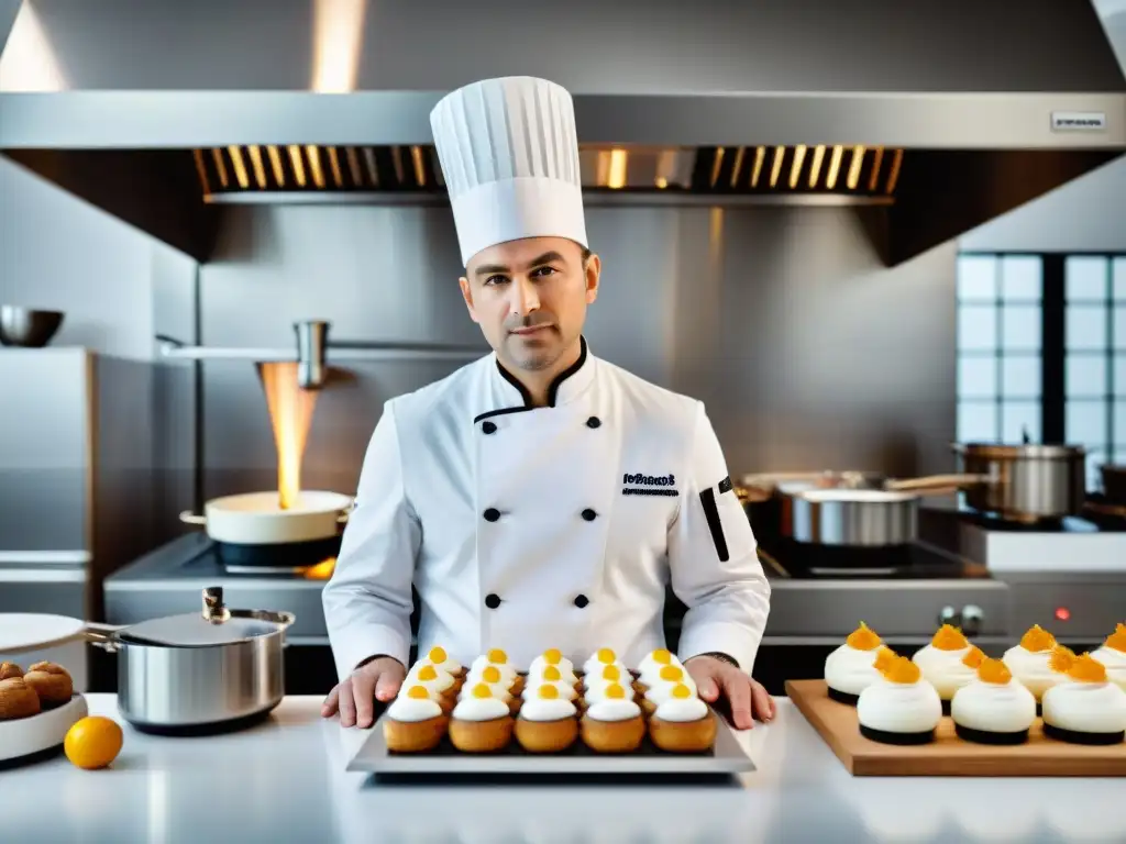 Un maestro pastelero en cocina moderna, decorando una obra maestra de pastelería francesa con electrodomésticos modernos