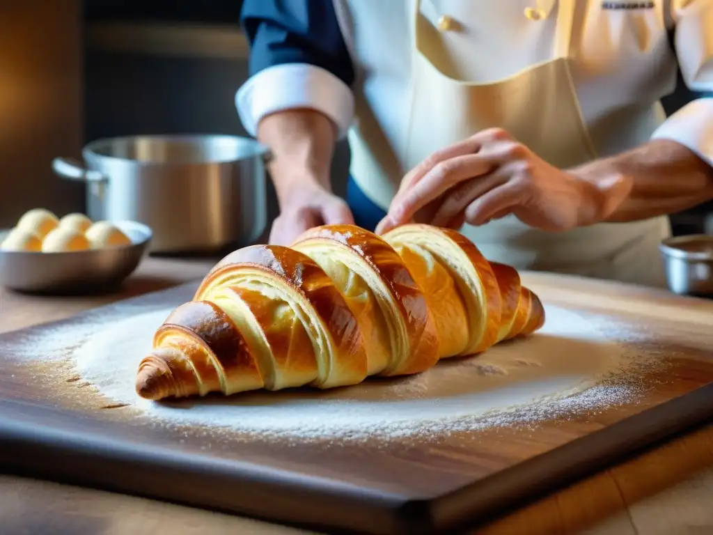 Un maestro pastelero francés moldea croissants a mano con técnicas horneado pan postres franceses, mostrando su arte y destreza