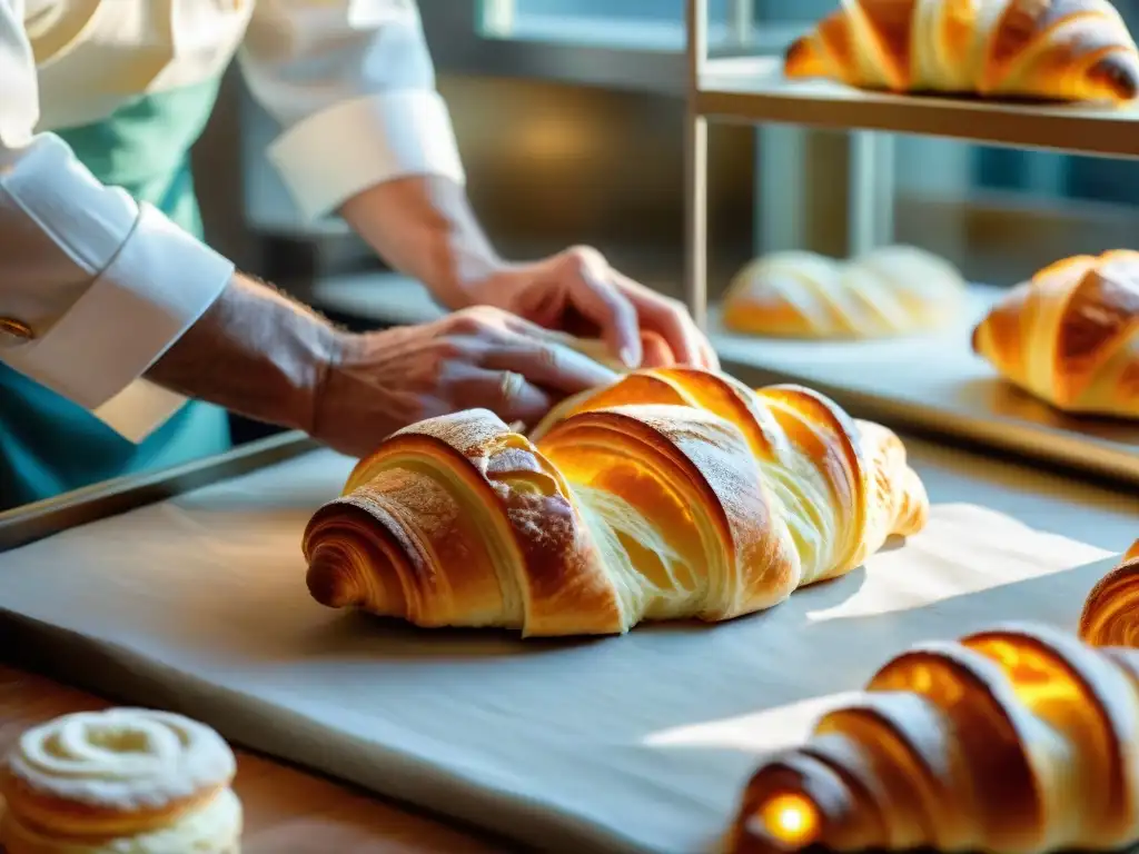 Un maestro pastelero francés crea croissants en una pastelería parisina de alta gama