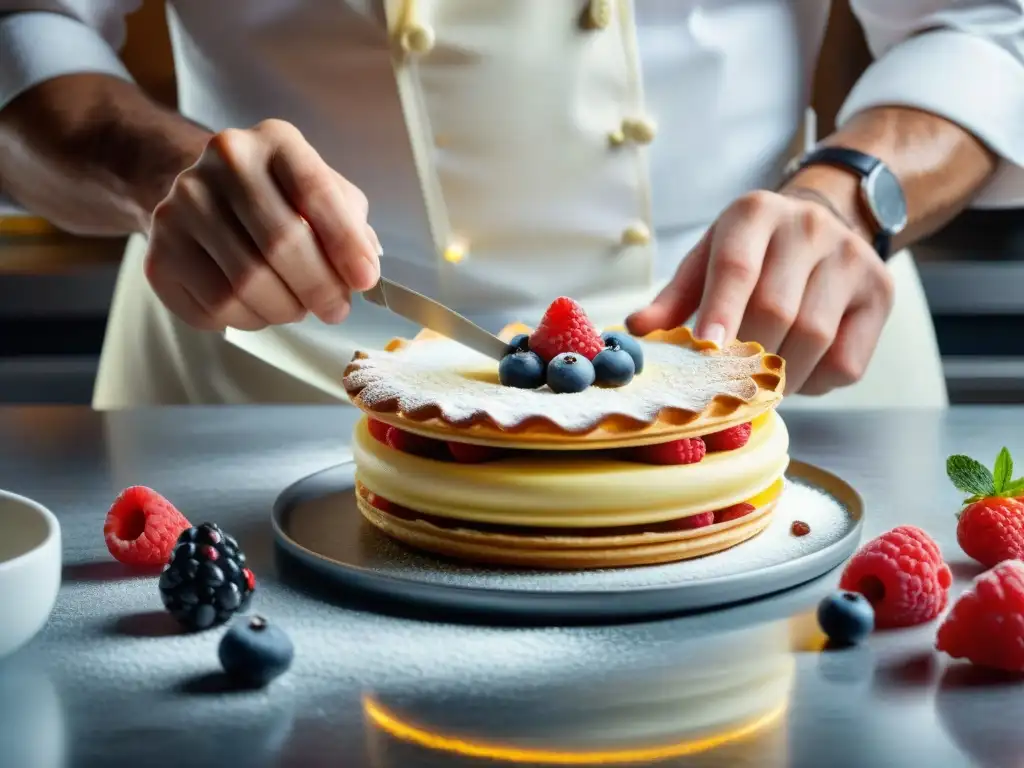 Un maestro pastelero de Borgoña crea con destreza un exquisito millefeuille, rodeado de luz cálida en su cocina