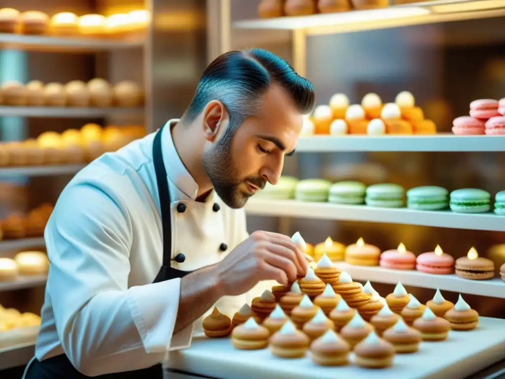 Un maestro pastelero francés crea una escultura de azúcar en una pastelería parisina